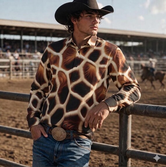 giraffe dress shirt Men's Printed Linen Long Sleeve Shirt