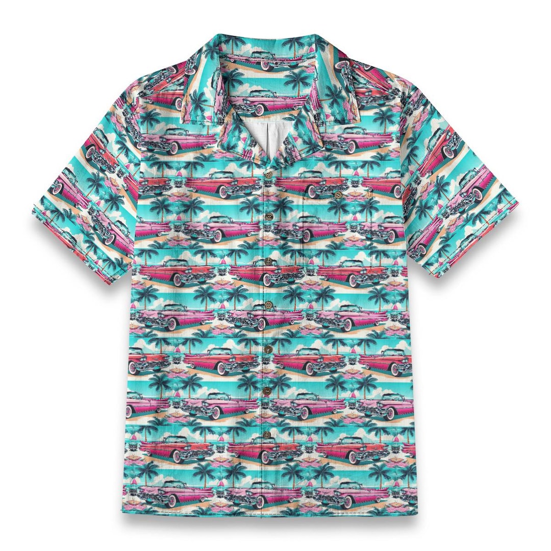 Pink Cadillac Cotton Retro Bowling Shirt Hawaiian Short Sleeve