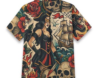 Pirate Tattoo Girl Shirt Cotton Rockabilly Button Up Retro Bowling Shirt Mens Lapel Collar Short Sleeve Gift Sailor Ships Skulls Art