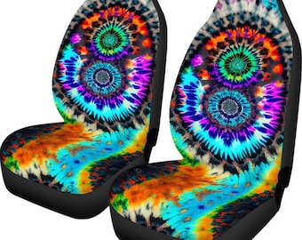 Funda de asiento de coche con efecto tie-dye, cojín antideslizante, universal, regalo para automoción, protector de asientos delanteros, SUV, sedán, camioneta, psicodélico, morado, arcoíris