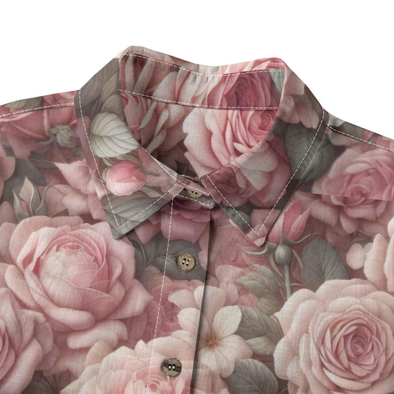 Pink Roses Cotton Shirt Women's Aloha Shirt Short Sleeve Victorian