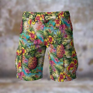 Pineapple Hawaiian Mens Cargo Shorts Aloha Floral Casual Walking Travel Statement Streetwear Vibrant Resort Showstopper Beach, Gift for Him