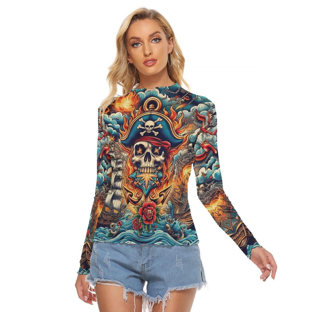 Jolly Roger Tattoo Blouse, Mesh See Thru Top , Second Skin Tight Shirt ...