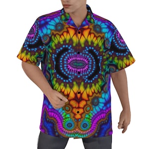 Psychedelic Hawaiian Shirt Cotton Aloha Bowling Mandelbrot Set Fractal Gift Big Tall Tie Dye Trippy Hawaii Rainbow Tied Dyed Button Up