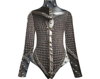 Body gladiateur en métal argenté en armure brillante une pièce à manches longues guerrier Unitard justaucorps médiéval cotte de mailles Jeanne d'Arc Cosplay
