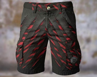 Red Zebra Slashed Mens Cargo Shorts Comfort Long Casual Walking Beach Gift for Him, Skate Punk Rock Music QR Code Interactive Black