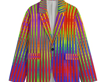 May include: A vibrant blazer with a colorful, vertical striped pattern in red, blue, purple, and green. The jacket has a notched lapel, two front pockets, and a single black button closure. The interior lining is white.