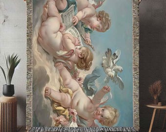 Boucher Cherub Cotton Woven Blanket, Putti Throw Cherubim Couch Cover Blanket Shawl, Rococo Decor Tapestry Angels Art, Made in U.S.A Cupid
