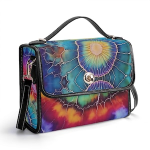 Cartera de piel auténtica con efecto tie-dye, cartera de piel psicodélica, bolso de mano hippie, bolso de mensajero para rave, bolso de hombro para festivales, regalo de bolsillo con geoda