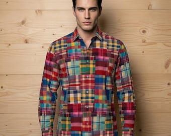 Patchwork Plaid Mens Cotton Dress Shirt Button Up Oxford Long Sleeve Gift for Man, Streetwear Menswear Red Lumberjack Preppy Loud Casual