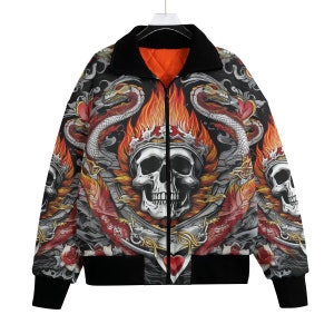 Heavy Metal Skull Rock Bikerjack Jas Bomber Unisex Streetwear Vlammen Punk Rockabilly Python Cobra Snake Uitloper, heren