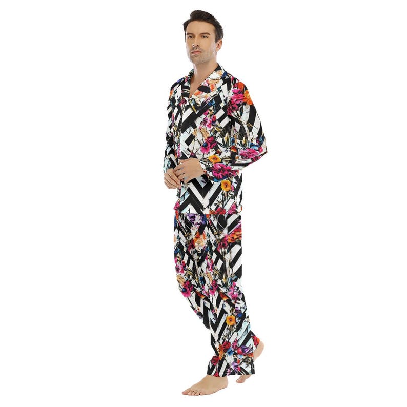 Floral Chevron Mens Satin Pajamas Button Down Sleepwear Gift Menswear ...