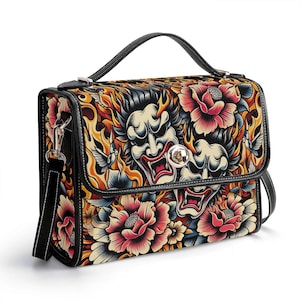 Cartera de piel auténtica kabuki, cartera de piel con diseño de tatuaje, bolso de mano kabuki de piel, bolso de hombro, cartera kabuki, bolso de mensajero kabuki con diseño floral