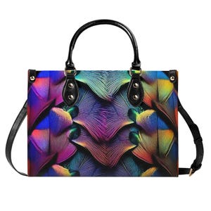 Bolso de mano de cuero de lujo con diseño de pavo real psicodélico, cartera con asa superior, bolso de mano de grano superior, bolso de mano de cuero genuino, bolso de hombro de alta costura, colorido
