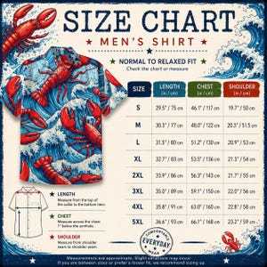 May include: A size chart for a short-sleeved button-down shirt featuring a red lobster and blue ocean wave pattern. The chart displays measurements in inches for sizes S through 5XL, including length, chest, and shoulder dimensions.