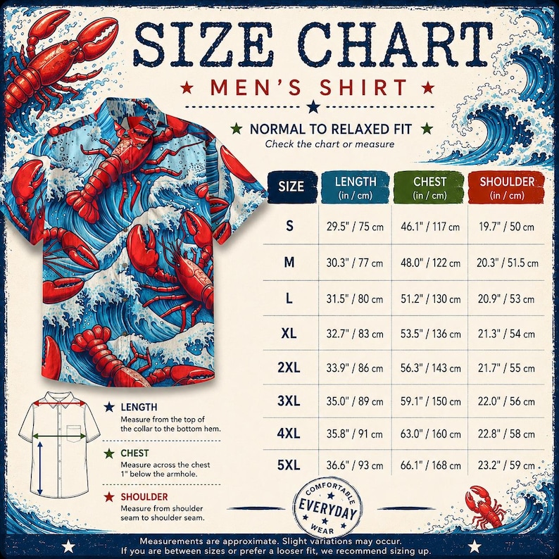 May include: A size chart for a short-sleeved button-down shirt featuring a red lobster and blue ocean wave pattern. The chart displays measurements in inches for sizes S through 5XL, including length, chest, and shoulder dimensions.