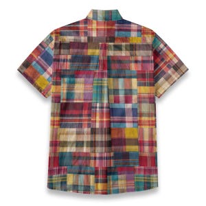 Muted Green Red Patchwork Madras Plaid Mens Short Sleeve Shirt Breathable Cotton Coconut Buttons Button Up Collared, Birthday Gift for Son image 3