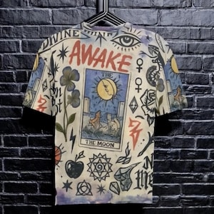 Camisa de algodón con hechizos mágicos, camiseta ocultista, camiseta de brujería, camiseta gótica con mangas raglán, ropa esotérica masculina, carta del tarot de la luna, tatuaje rockabilly