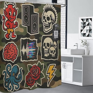 May include: A shower curtain with a camouflage pattern, decorated with graphic illustrations. The designs include a red devil, speakers, skulls, a brain, sound waves, an octopus, a rose, and a yellow lightning bolt.