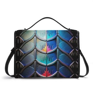 Cartera de cuero genuino con armadura azul, bolso de mano de cuero futurista, bolso de hombro de gladiador, bolso de mensajero de guerrero, elegante cartera con diseño ombré de cyborg