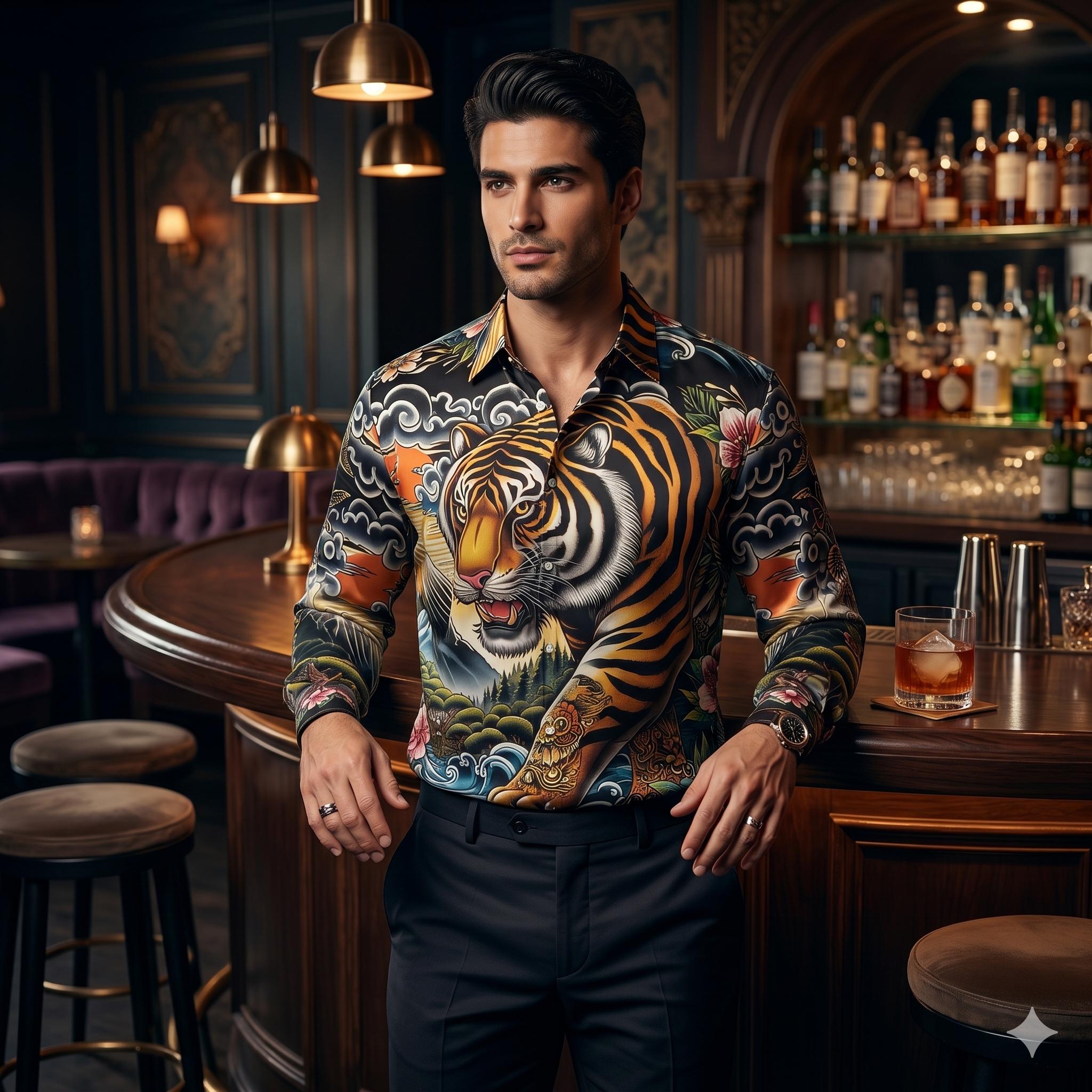 Tiger Tattoo Satin Shirt, Mans Dress Shirt Japanese Ink, Button Down,Floral Mens Showstopper Dress Shirt, Imitation Silk, Gift for Him, CLub