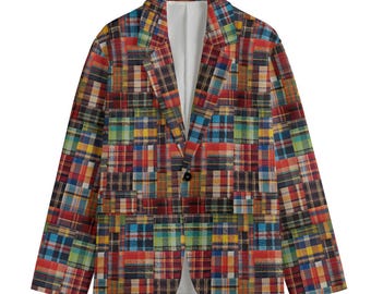 Madras Patchwork Plaid Mens Sports Coat Blazer Suit Jacket Brown Blue Country Club Preppy Checkerboard Windowpane Tartan Gift Blackwatch