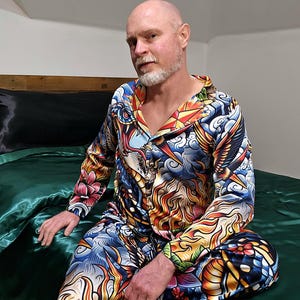 Tattoo Schlange Cobra Satin Pyjamas Nachtwäsche Geschenk Herrenmode Loungewear Luxus PJ's Geburtstag Vatertag Rockabilly Vintage Nautisch Bild 9