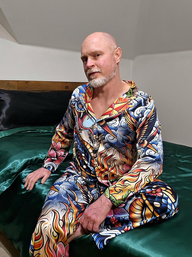 Tattoo Schlange Cobra Satin Pyjamas Nachtwäsche Geschenk Herrenmode Loungewear Luxus PJ's Geburtstag Vatertag Rockabilly Vintage Nautisch Bild 9