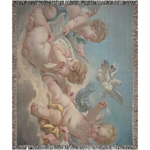 Boucher Cherub Cotton Woven Blanket, Putti Throw Cherubim Couch Cover Blanket Shawl, Rococo Decor Tapestry Angels Art, Made in U.S.A Cupid image 8