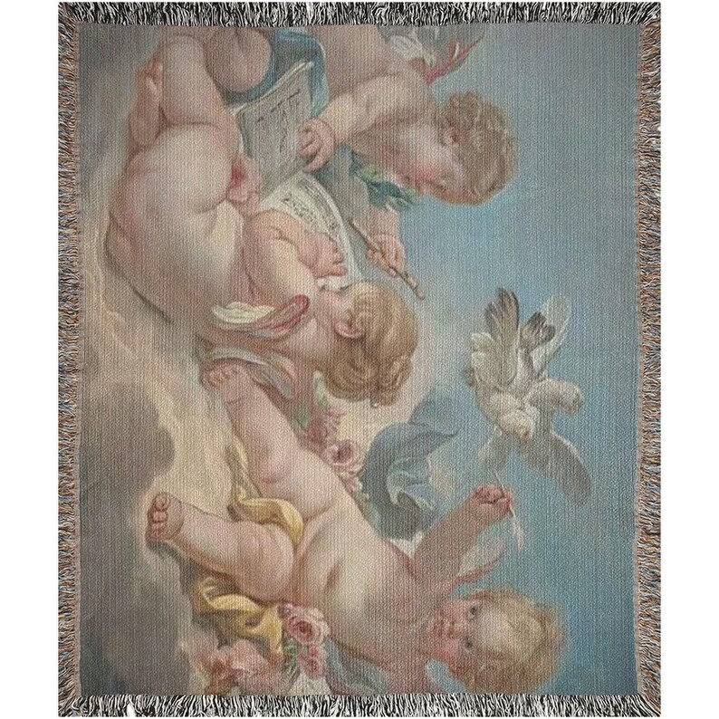 Boucher Cherub Cotton Woven Blanket, Putti Throw Cherubim Couch Cover Blanket Shawl, Rococo Decor Tapestry Angels Art, Made in U.S.A Cupid image 8