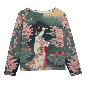 Geisha Girl, Women&#39;s Boatneck Top, Cotton Sweatshirt,Statement Shirt, Couture, Vibrant Colorful Artisan Gift, Plus Sizes, Shirt 3/4 Sleeves
