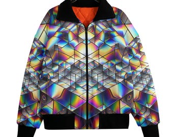 Puede incluir: Chaqueta con cremallera completa con un vibrante patrón geométrico en colores iridiscentes. La chaqueta presenta un cuello, puños y dobladillo negros, con un forro acolchado naranja. El diseño crea un efecto 3D, haciéndola llamativa.