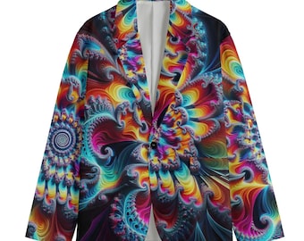 May include: A vibrant blazer featuring a colorful fractal design in shades of red, orange, yellow, blue, and purple. The jacket has a single-button closure and a white interior lining. The pattern is a swirling, psychedelic design.