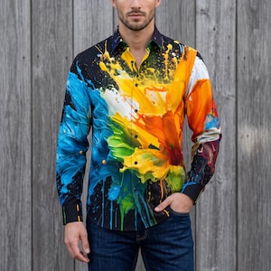 Splatter Art Men's Cotton Shirt, Long Sleeve Button Down Dress Shirt, Oxford, Gift, Streetwear Hippie Rave Festival, Pour Painting, Colorful