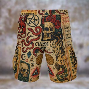 Grimoire Magic Spell Mens Cargo Shorts Casual Walking Travel Statement Streetwear Vibrant Resort Showstopper Beach, Gift for Him, Witchcraft