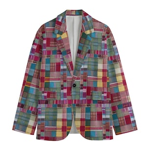 Red Madras Patchwork Plaid Mens Sports Coat Blazer Suit Jacket Pink Country Club Preppy Checkerboard Windowpane Tartan Gift Blackwatch