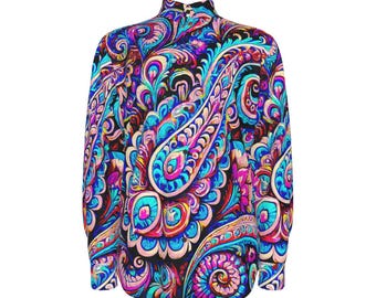 Camisa morada de hombre con estampado paisley, camisa bohemia floral, camisa de algodón de manga larga, tallas grandes para hombre, camisa de vestir, regalo para él, Oxford rosa informal