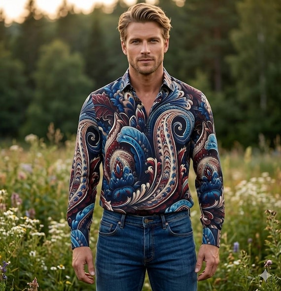 bohemian dress shirt Blue Brown Men's Paisley Shirt, Floral Shirt, Long Sleeve Cotton Shirt, Big Men's Sizes, Gift for Him, Casual Oxford plp-51514 Women's Retro 1950s Vintage Size:US8 / UK12 / EU38 boho shirt dress