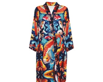 Kimono Koi Fish, bata G Koi Fish, bata bohemia, kimono corto, bohemio, para estar en casa, regalo, vibrante, llamativo, alta costura, pasarela, ligero, tallas grandes