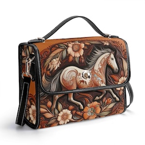 Bolso estilo western horse, bolso de mano vaquero de piel auténtica de grano superior, regalo para amantes de los caballos, bolso de hombro de lujo silencioso, ecuestre, floral, bohemio