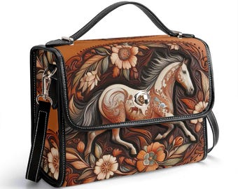 Westernpferd Umhängetasche, Echtleder Cowboy Handtasche, Pferde Liebhaber Geschenk, Ruhige Luxus Schultertasche, Reiter, Floral, Boho