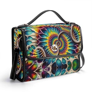 Cartera de piel auténtica con efecto tie-dye, cartera de piel psicodélica, bolso de mano hippie, bolso de mensajero para rave, bolso de hombro para festivales, cartera de arcoíris