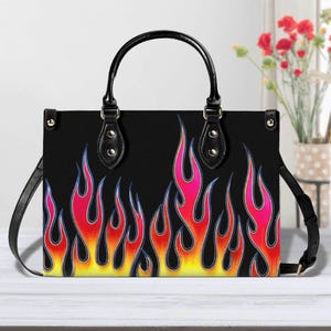 Bolso de mano de cuero de lujo con llamas rojas, cartera con asa superior, bolso de mano de cuero de grano superior, bolso de mano de cuero genuino, bolso de hombro de alta costura, Hot Rod Fire