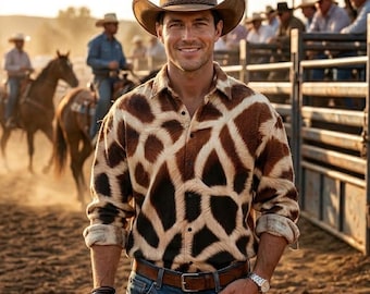 Pode incluir: Uma camisa de manga comprida com botões e estampa de girafa em tons de castanho e creme, usada com calças de ganga azuis, um cinto de couro castanho com fivela prateada, um chapéu de cowboy castanho, um relógio prateado e pulseiras escuras.