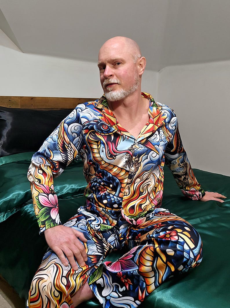 Tattoo Schlange Cobra Satin Pyjamas Nachtwäsche Geschenk Herrenmode Loungewear Luxus PJ's Geburtstag Vatertag Rockabilly Vintage Nautisch Bild 8