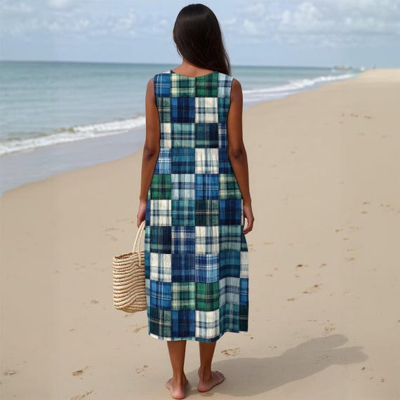 beach lunch lounge plaid dress Navy Plaid Button Down Smocked Cotton Midi Dress