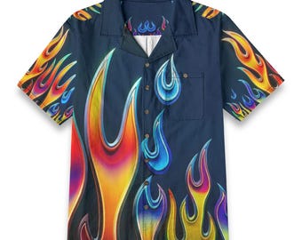 Psychedelic Flames Cotton Bowling Shirt: Retro Hawaiian Rockabilly