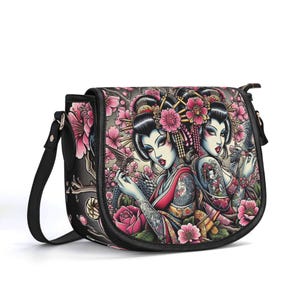 Bolso de piel auténtica con diseño de geisha, bolso de mano con diseño de sillín de piel de grano superior, bolso de mano llamativo, tatuaje floral, bolso de hombro de lujo, cartera de estilo rockabilly
