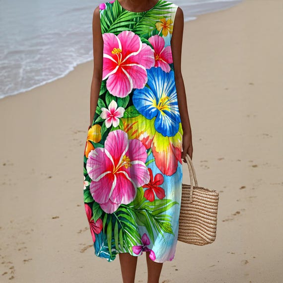 summer beach shift dresses Ankle-Length Shift Dress in Blue Pineapple – Coco Shop main image 1