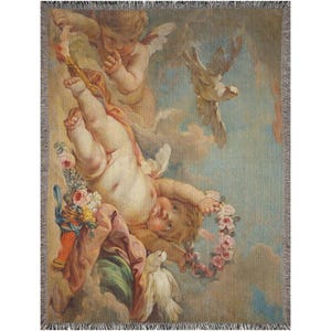Boucher Cherub Cotton Woven Blanket, Putti Scarf Shawl Cupid Throw Cherubim Couch Cover, Home Decor Tapestry Angel Gift Art, Made in U.S.A image 8